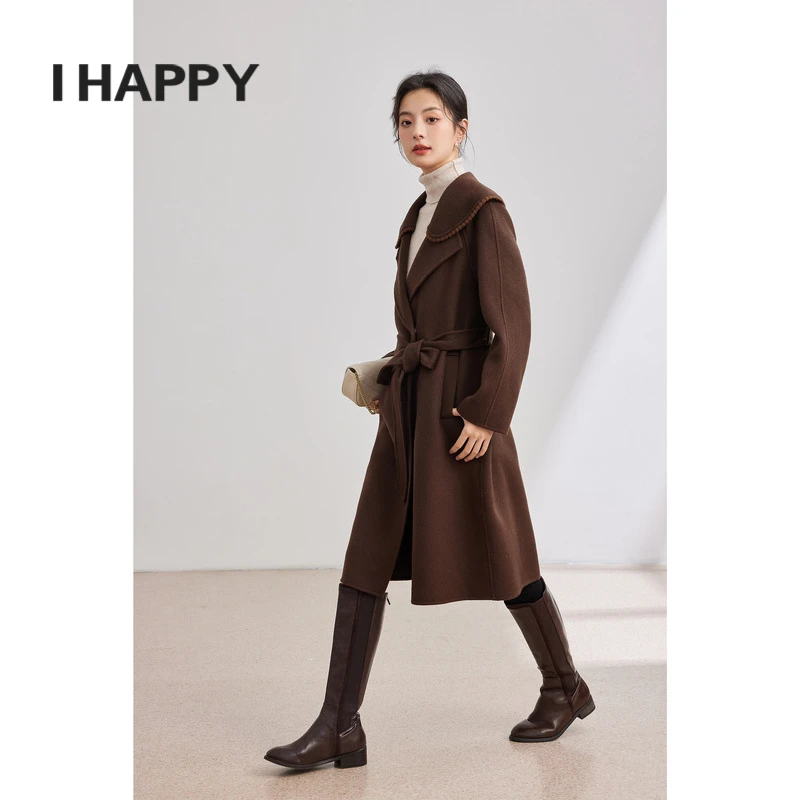 海贝翻领设计绵羊毛双面呢外套中长款呢子大衣H3H10AW003