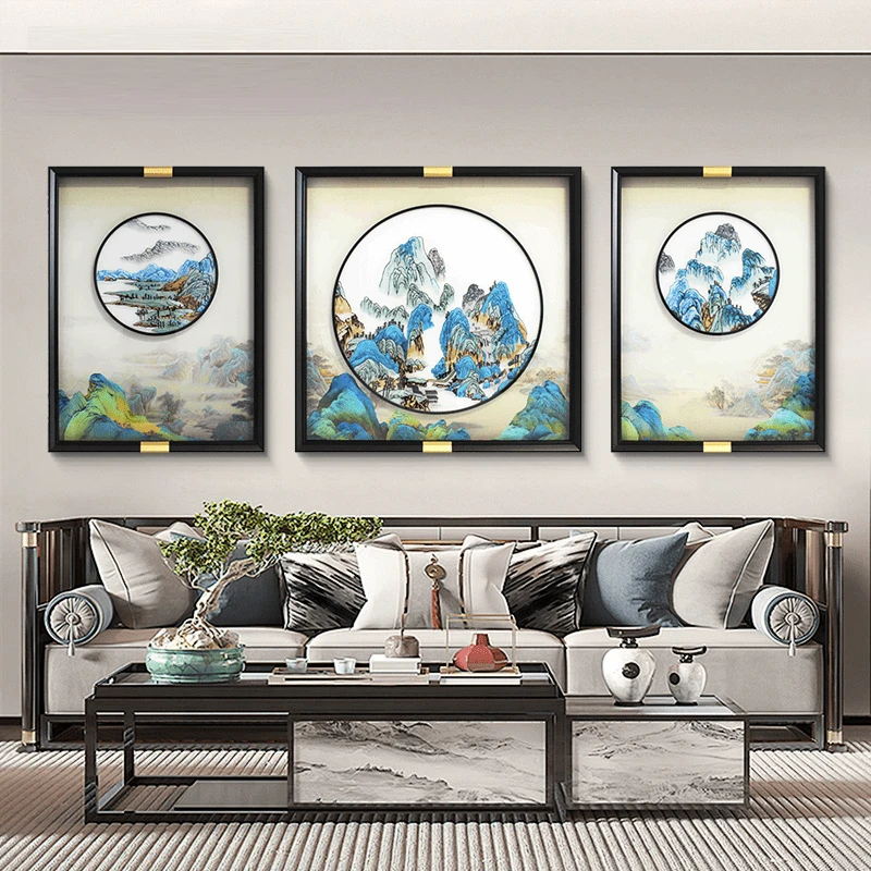 【苏绣坊】居家好物千里江山客厅装饰画沙发背景刺绣挂画墙面三联装