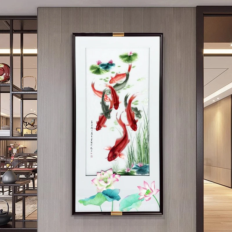 【苏绣坊】居家好物九鱼图玄关装饰画刺绣画新中式走廊过道挂画新