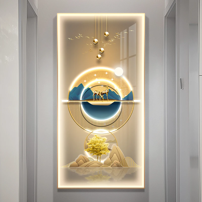 玄关画新款现代轻奢走廊过道LED灯画入户玄关装饰画竖版