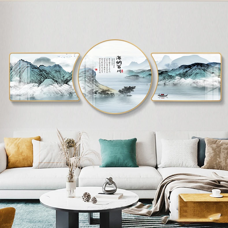阪画屋山水画中式装饰画海纳百川-客厅三联装饰挂画艺