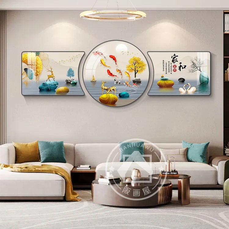 阪画屋2九鱼呈祥挂画新中式寓意好的客厅沙发背景墙装饰画三联画