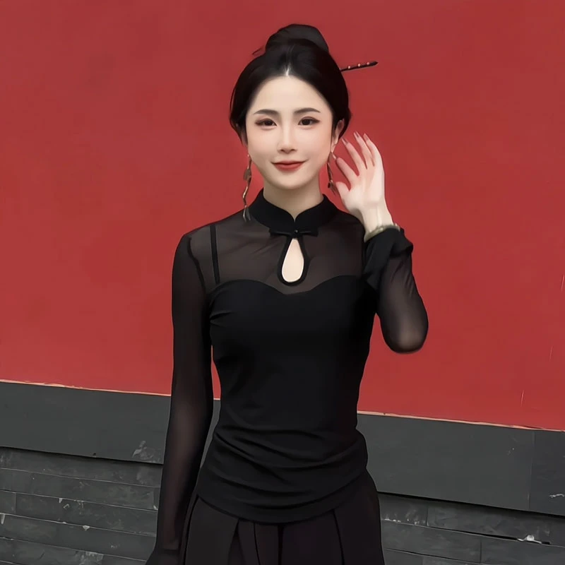 JUDING/聚町【朱朱家高定】新中式国风盘扣网纱长袖T恤女百搭5133