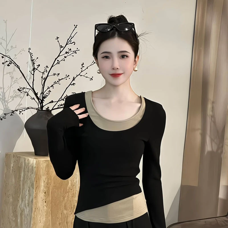 【调色师】假两件长袖T恤女显瘦秋季新款修身上衣服3840