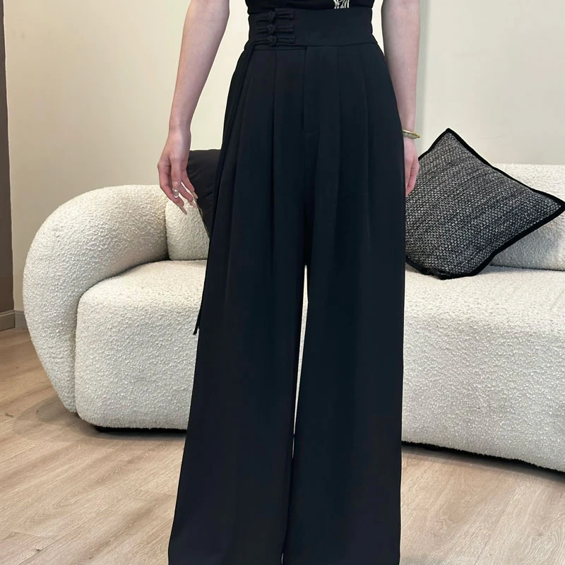 JUDING/聚町【手抓花】新中式风盘扣西装裤阔腿裤女小众设计感5067