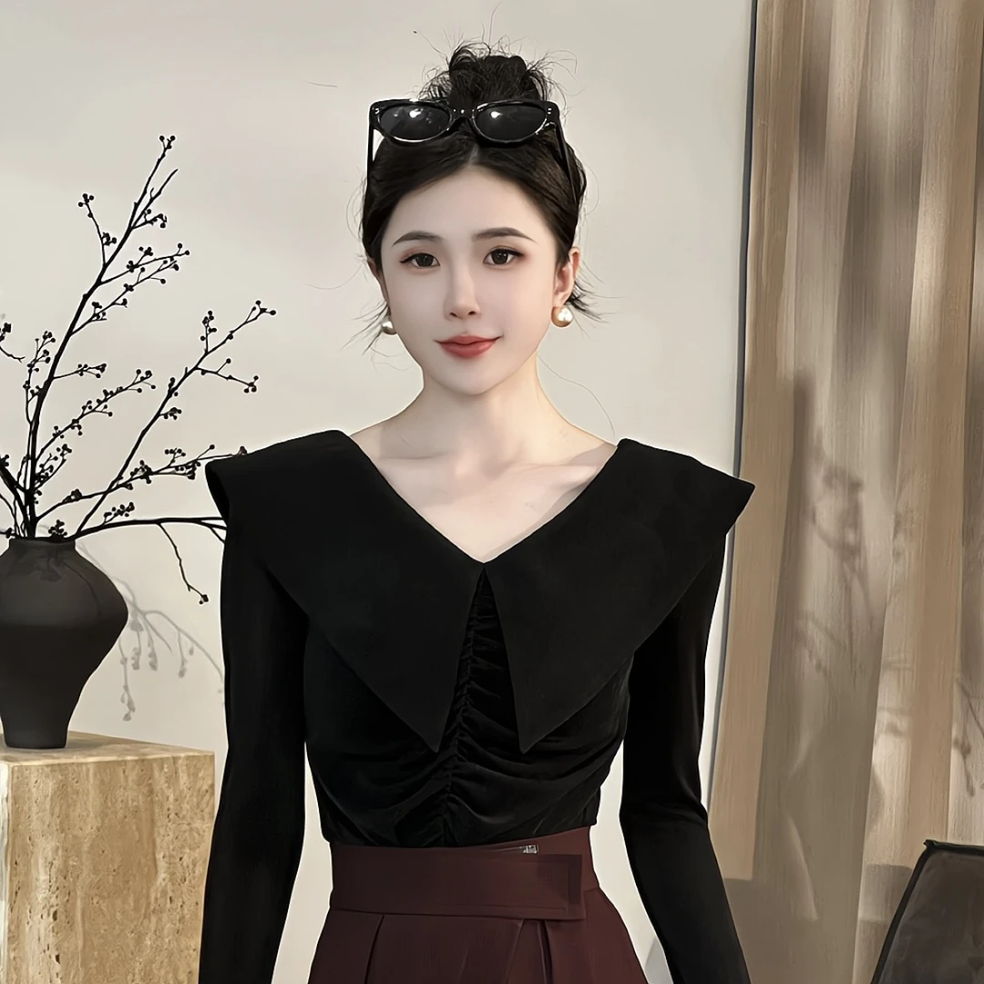 JUDING/聚町【朱朱家高定】法式大翻领短袖T恤女设计感百搭上衣7301