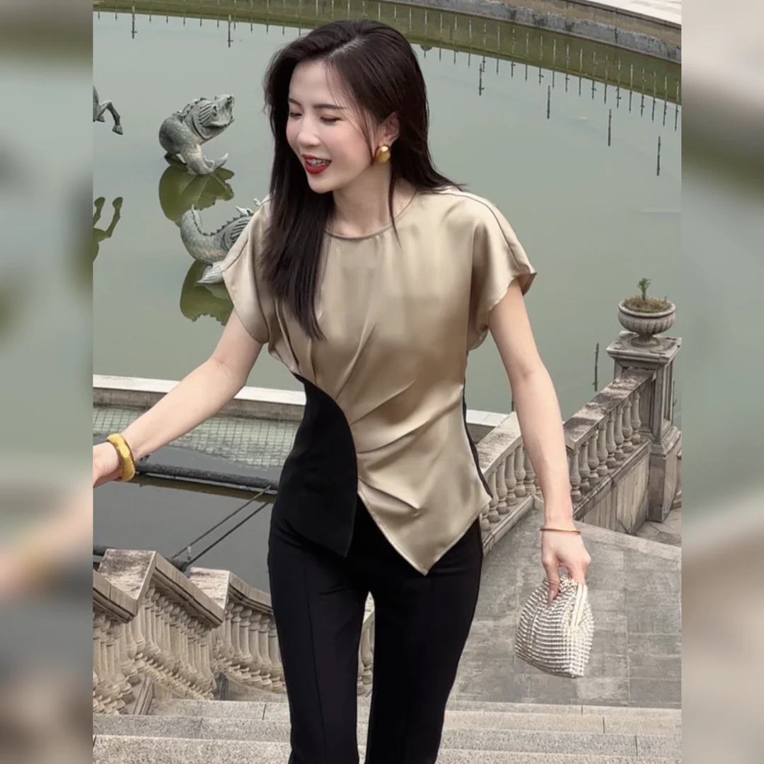 【拼接小蛮腰】小飞袖T恤女士拼接圆领2023夏季新款显瘦上衣服2511