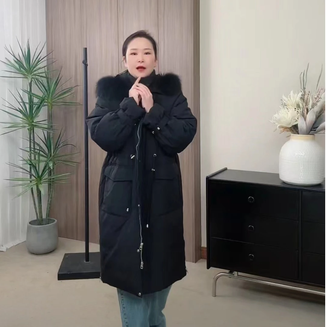 冬季新款加厚抽绳收腰长款时尚百搭连帽毛领羽绒服  C1186