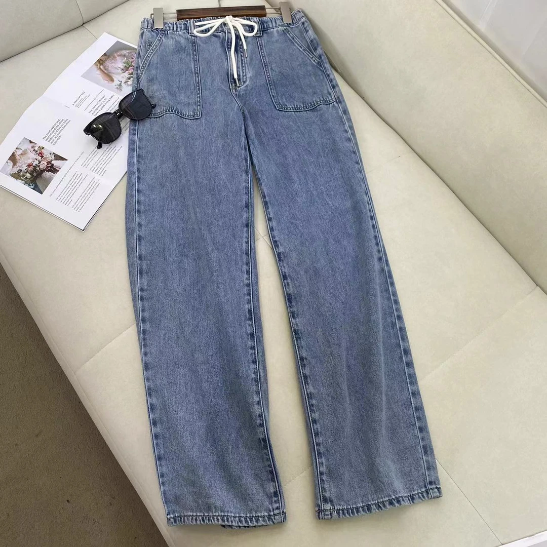 百搭显瘦蓝色韩版宽松高腰抽绳牛仔裤C4368