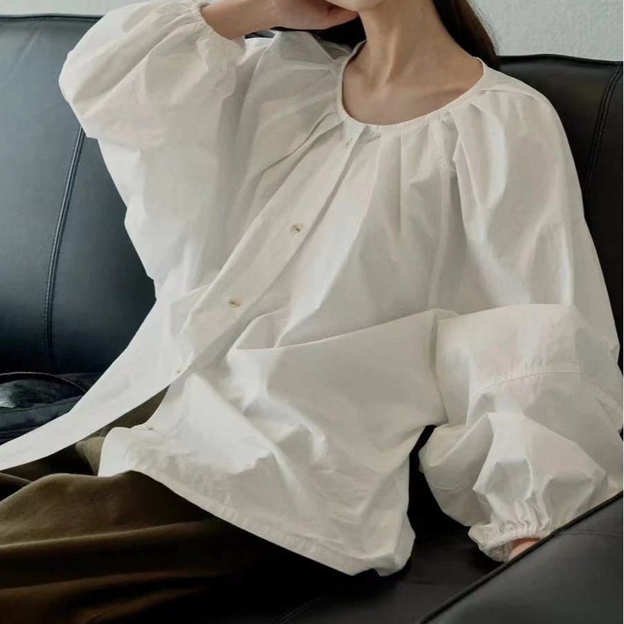 法式小众气质排扣圆领褶皱灯笼袖宽松纯色衬衫C9376