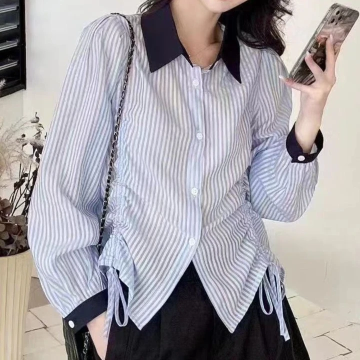 抽绳褶皱小众条纹设计感拼色长袖衬衫 C3676