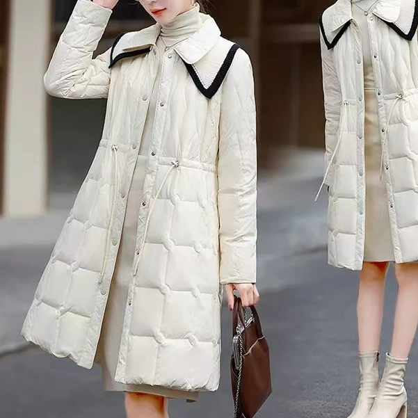 冬季新款气质高级感可拆卸毛线领抽绳收腰中长款羽绒服H541