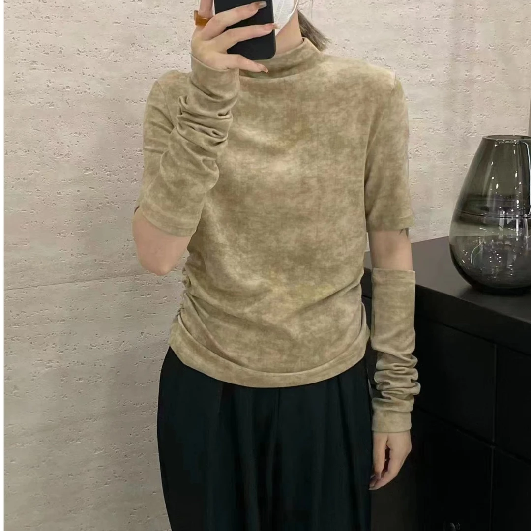 设计感时尚百搭半高领袖子分离褶皱打底T  C2266