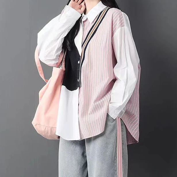 设计款拼接原宿风韩版宽松长袖衬衫C7998