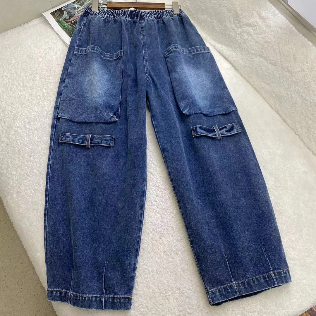 韩版宽松工装款大口袋宽松老爹裤牛仔裤 C7949