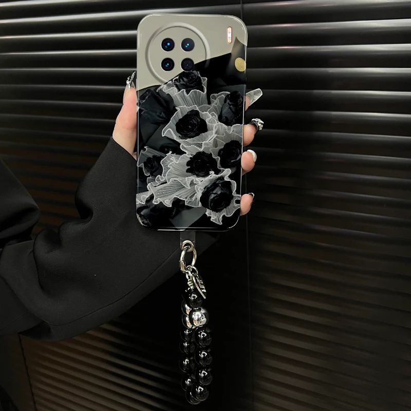 适用【vivox90pro】ins风菲林壳黑玫瑰高级感创意网红个性手机壳女