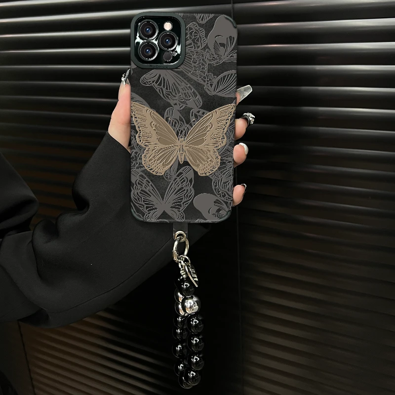 适用于【苹果16pro】金色蝴蝶ins风皮质软壳全包创意网红手机壳女款