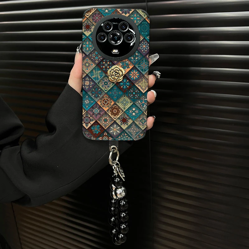 适用【荣耀magic4】五彩图腾ins风秋冬皮质创意全包网红防摔手机壳