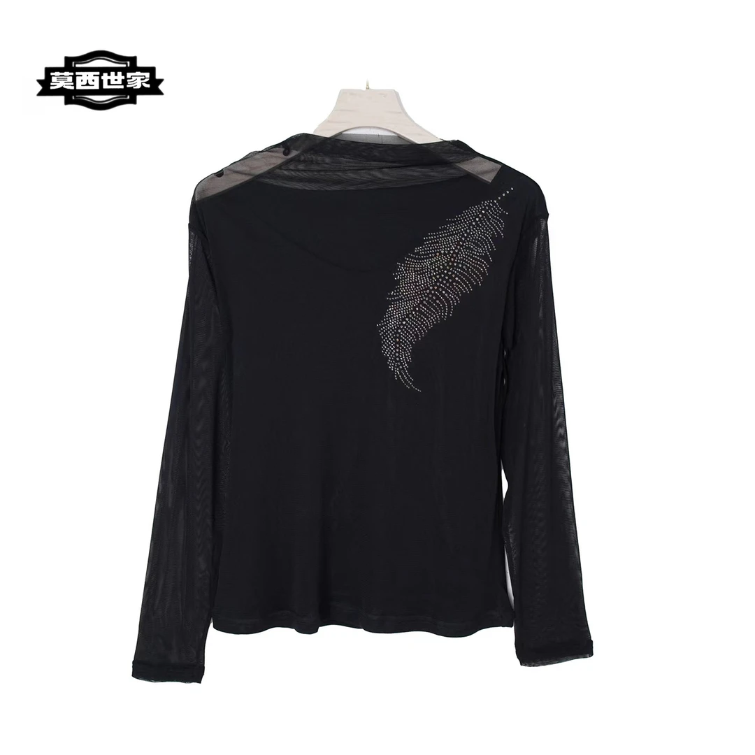 X61043 秋季黑色高领烫钻透纱气质优雅打底衫