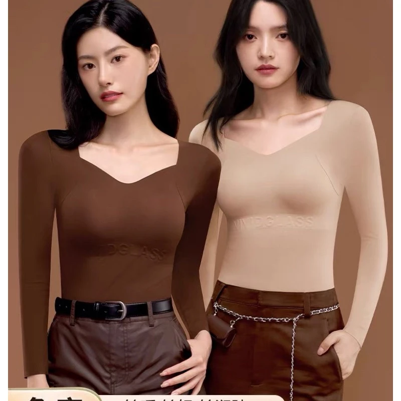 山茶花油保暖上衣内搭长袖带胸垫可外穿肌底衣打底衫X27550