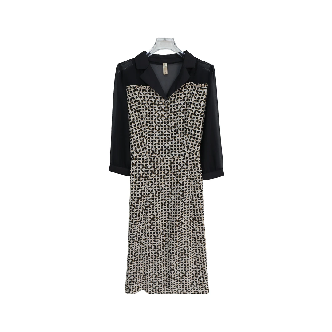 翻领轻奢高级感收腰拼接网纱长袖连衣裙S2236