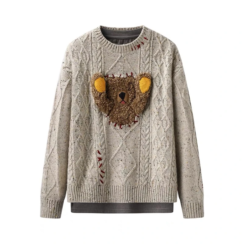 【015】新款时尚立体小熊手工钩线假两件设计套头长袖毛衣