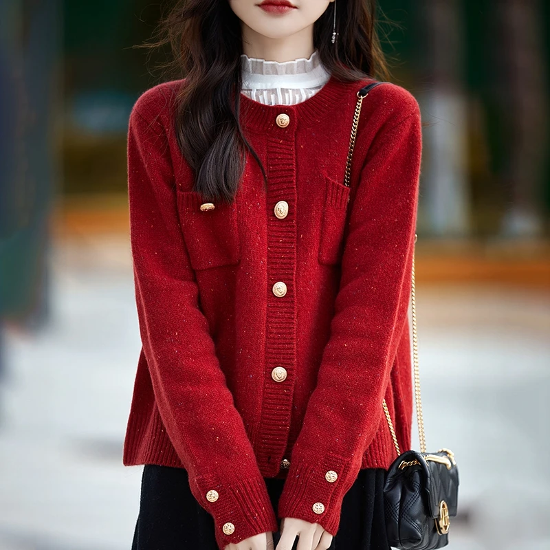 品牌秋冬加厚100%羊毛加厚点子纱小香风开衫外套圆领气质宽松外套