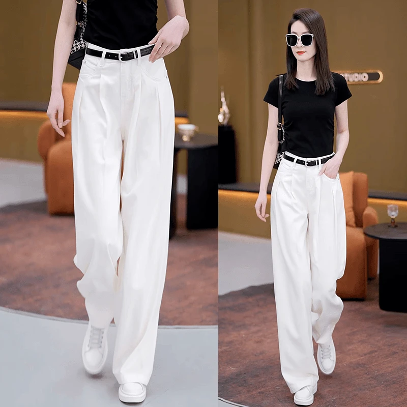 白色阔腿女夏季薄款天丝裤子2025新款大码高腰显瘦垂感休闲直筒裤