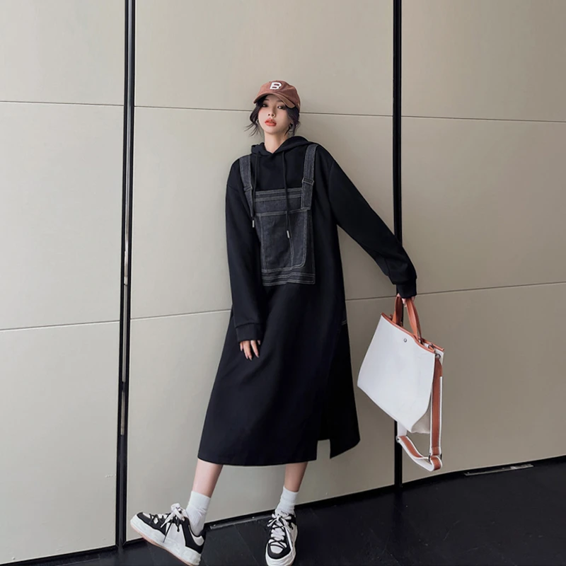 时尚孕妇装秋季穿搭宽松大码连帽卫衣裙慵懒风中长款连衣裙春秋款