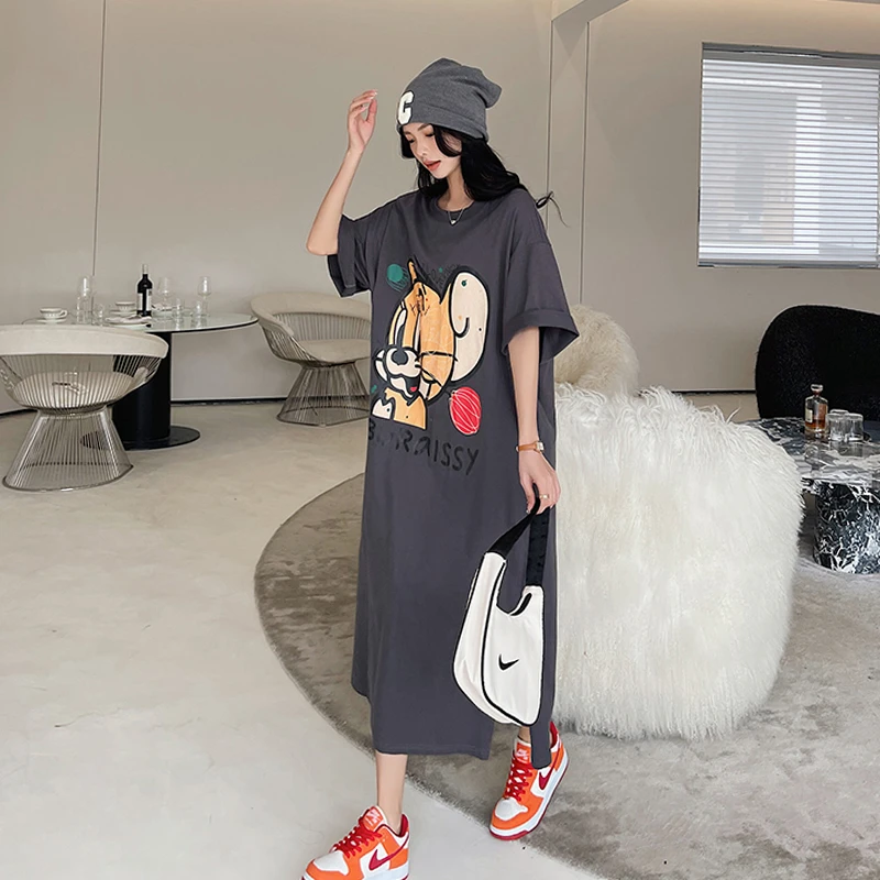韩版孕妇装夏天裙子长款过膝宽松慵懒连衣裙卡通印花休闲开叉长裙