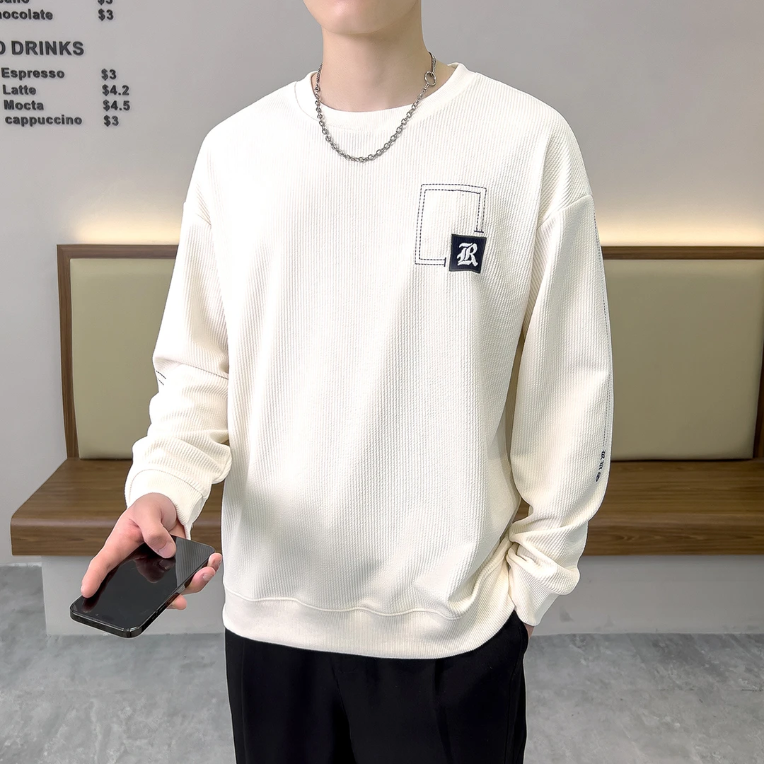 圆领卫衣男生春秋季新款潮牌宽松拼接长袖T恤男士休闲简约打底衫T