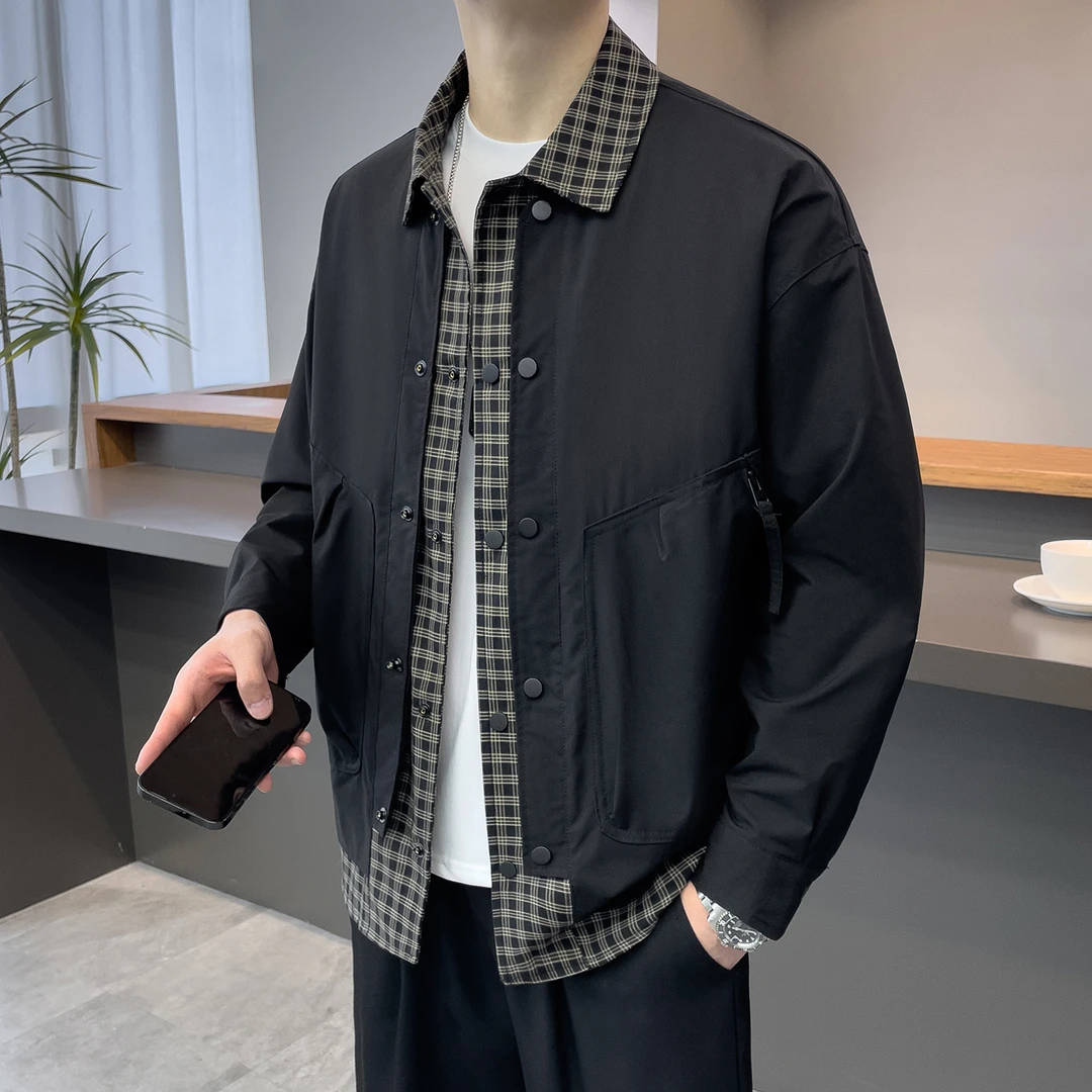 2024新款假两件拼接格子翻领外套男士春秋季款宽松工装夹克上衣