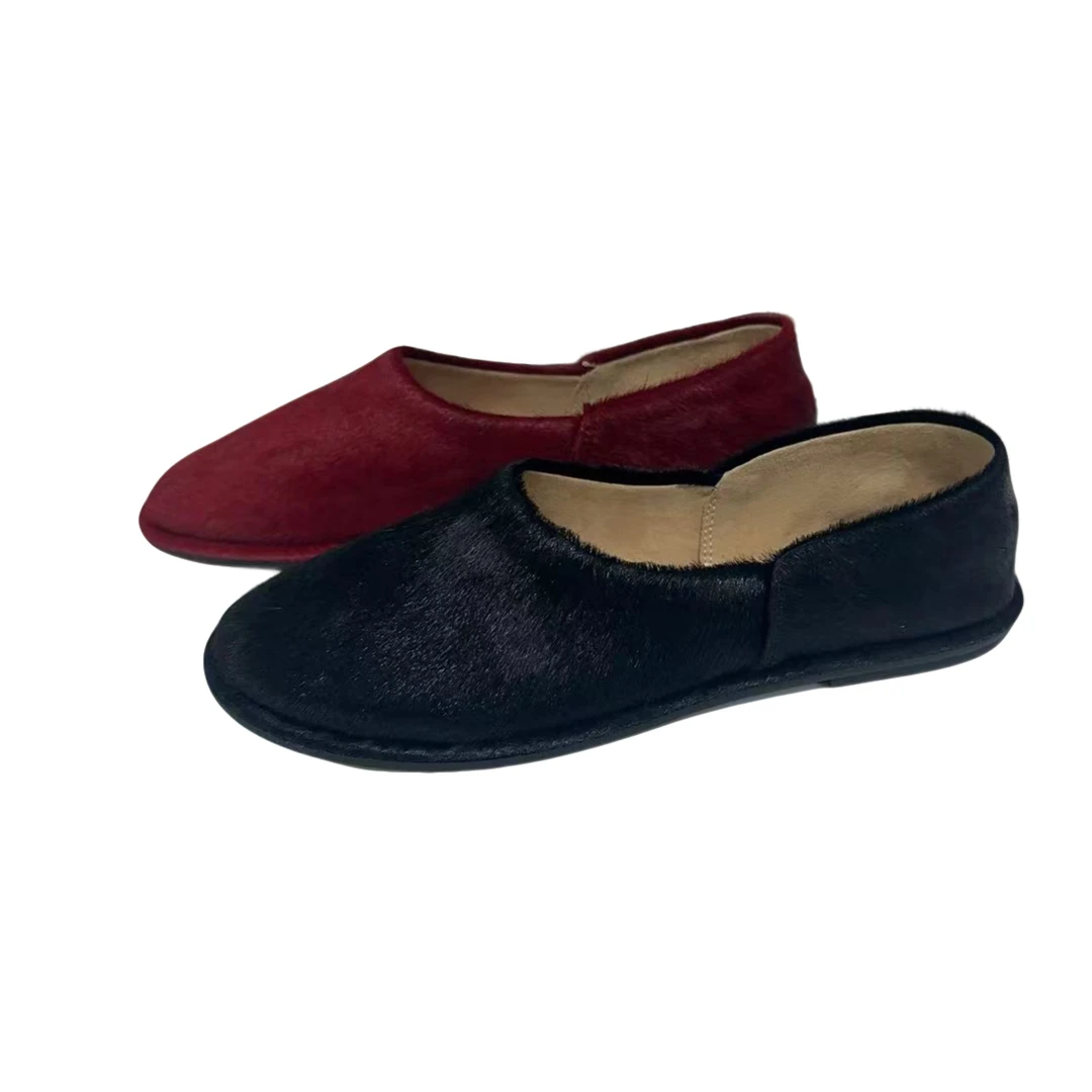 FM新款经典小众设计款简约时尚一脚蹬光泽感马毛立裁平底圆头单鞋