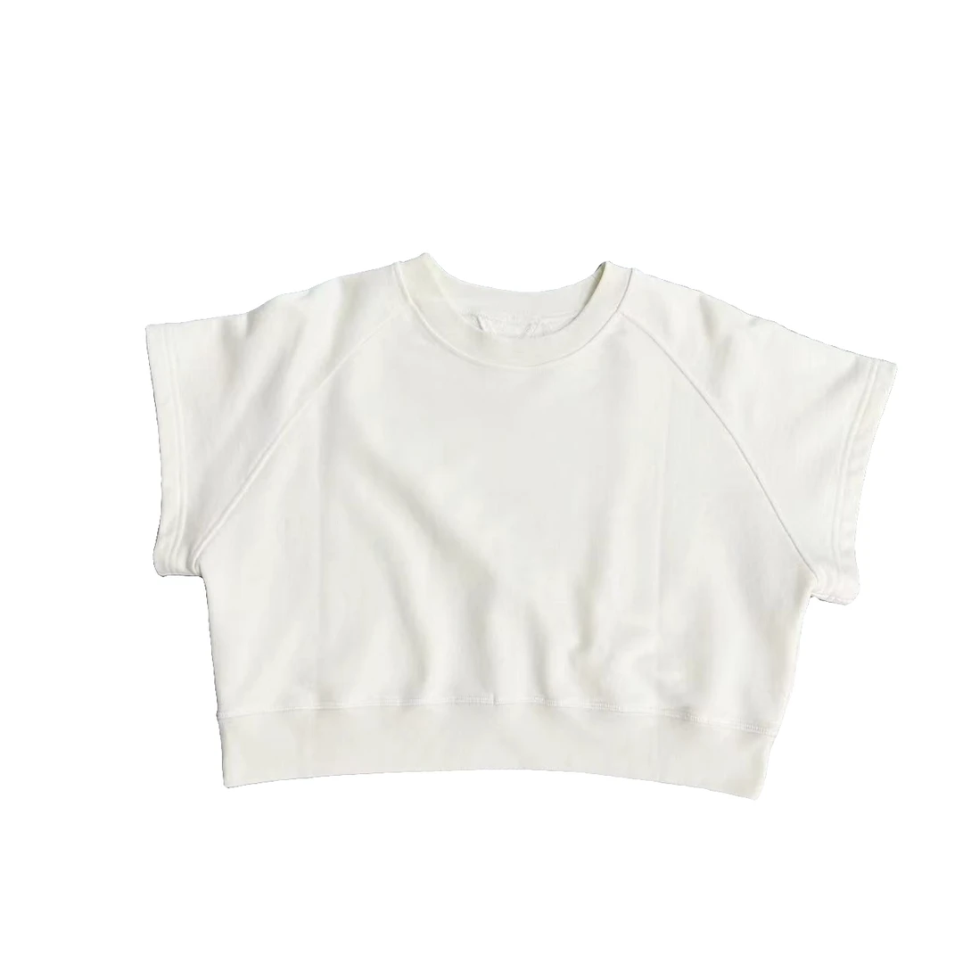 FM新款小众气质运动风白色棉质短款罗纹圆领卫衣T （短款套头卫衣）