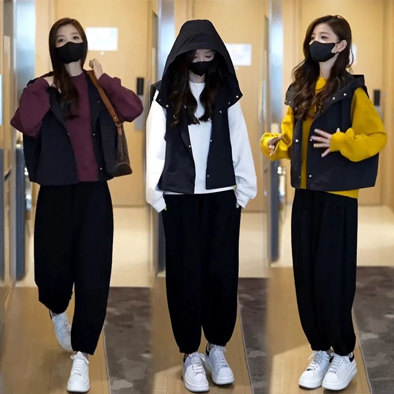 春秋时尚穿搭一整套2024新款小个子微胖显瘦马甲卫衣束脚裤三件套