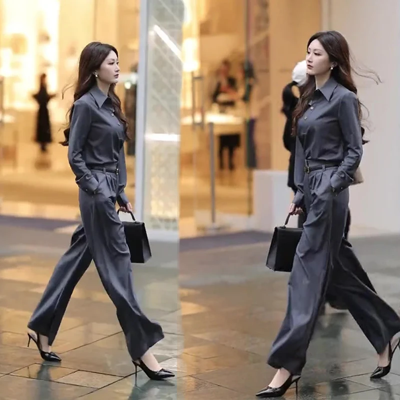 2025春秋新款时尚通勤轻熟职业装小个子显瘦深灰色衬衫阔腿裤女