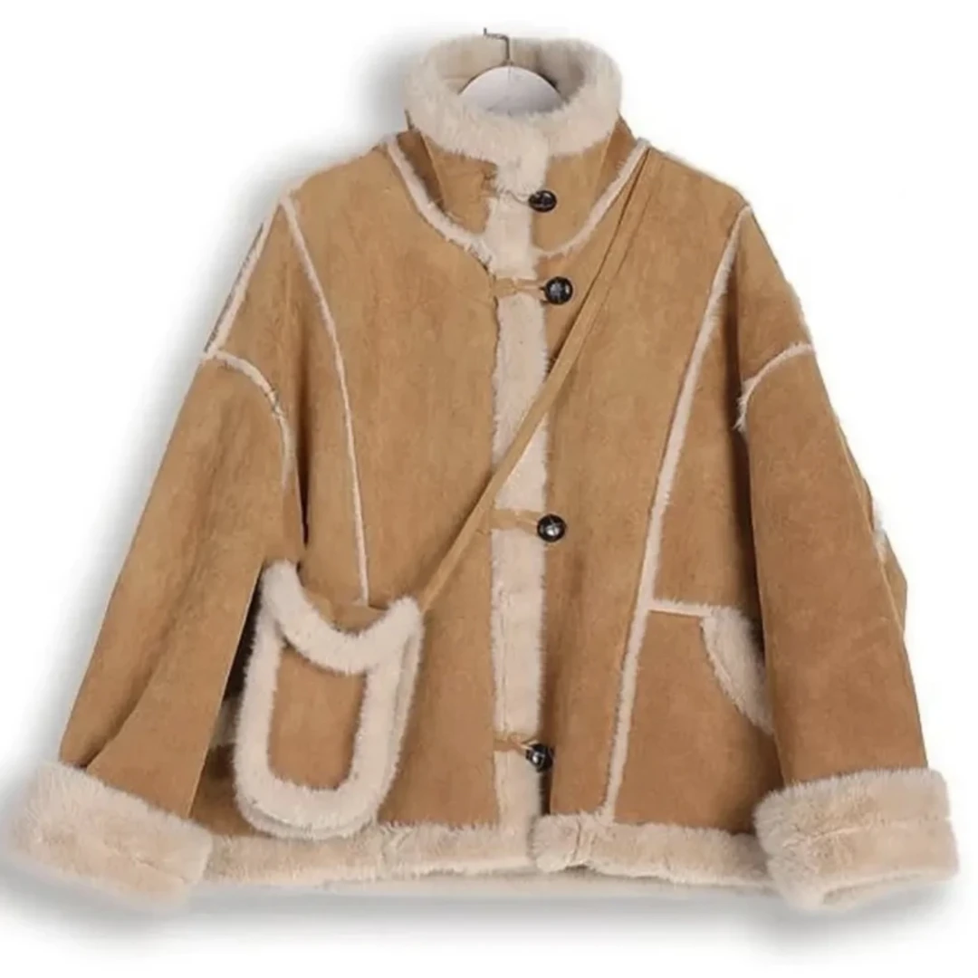 【送包包.】高级感时尚设计感拼接立领机车服冬季新款加绒短外套女