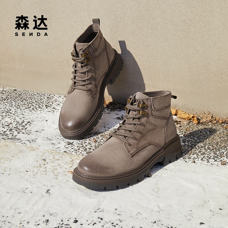 Senda/森达户外加绒马丁靴男士冬商场同款保暖复古装短靴1ND01DD3