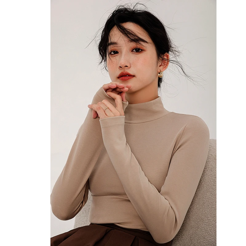 带胸垫半高领冬季加绒加厚女内穿保暖内衣上衣中领磨毛修身打底衫