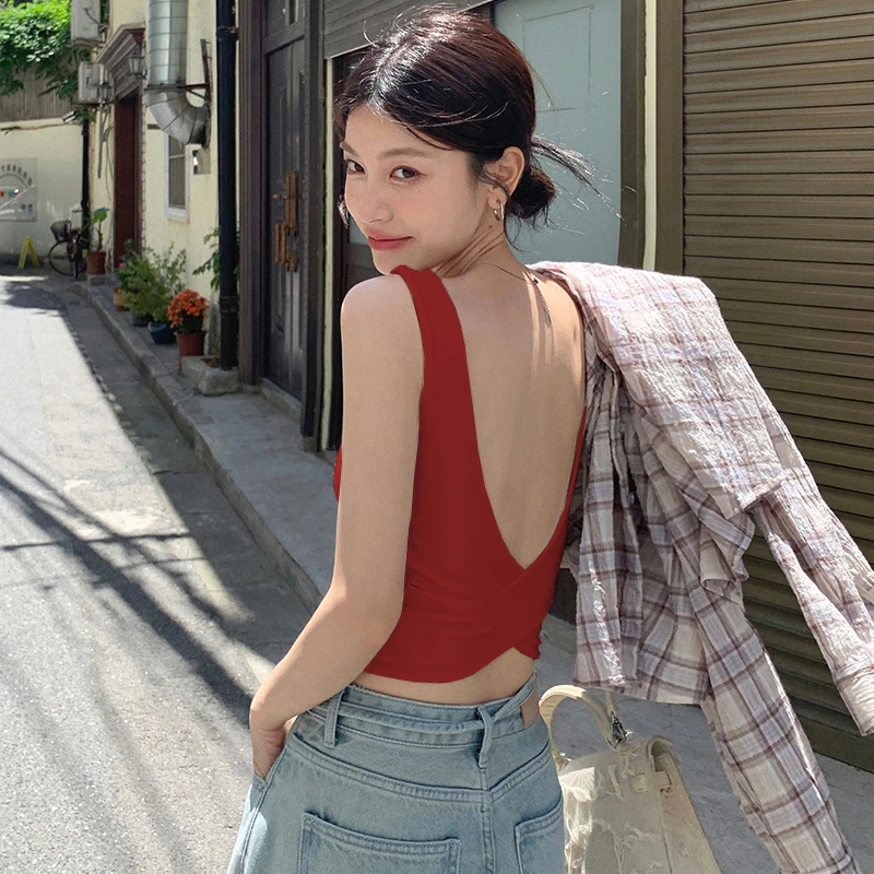 吊带背心女秋季带胸垫外穿内搭修身露背性感交叉美背文胸一体上衣