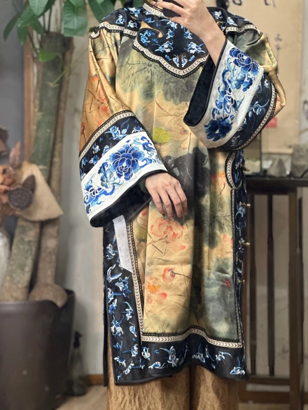 雾隐华裳｜荷花水墨系列重磅真丝复古重工如意中长款绣片太太服