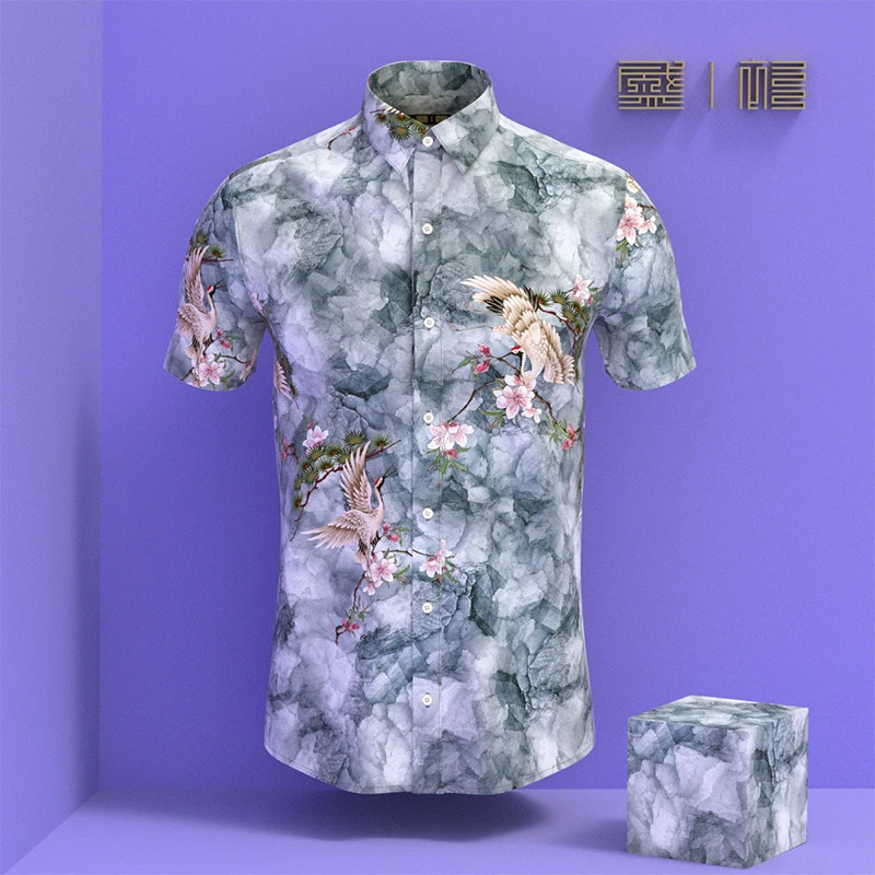 盛衫729597短袖夏时尚季桑蚕丝中国风仙鹤印花男衬衫方领衬衣