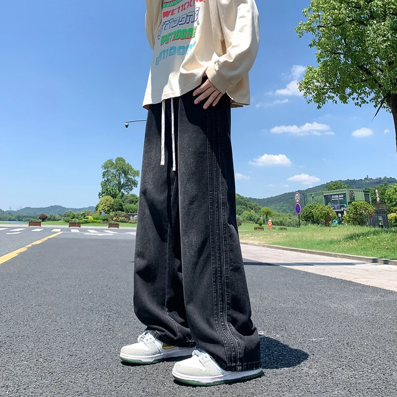 初秋新款首发侧骨耳仔全松紧腰头抽绳款宽松直筒百搭款男裤