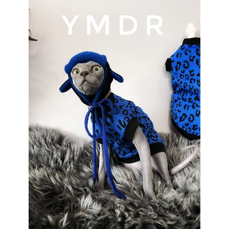 YMDR斯芬克斯无毛猫德文猫雷锋帽性感蓝色豹纹纯棉背心墨镜帽子52