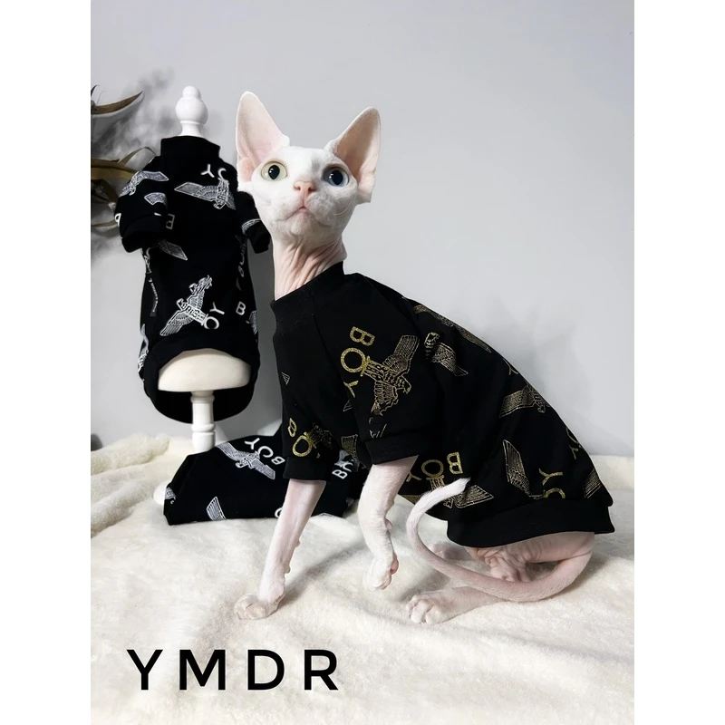 YMDR斯芬克斯无毛猫德文猫帅气黑白金翅膀家纯棉潮卫衣休闲T恤48
