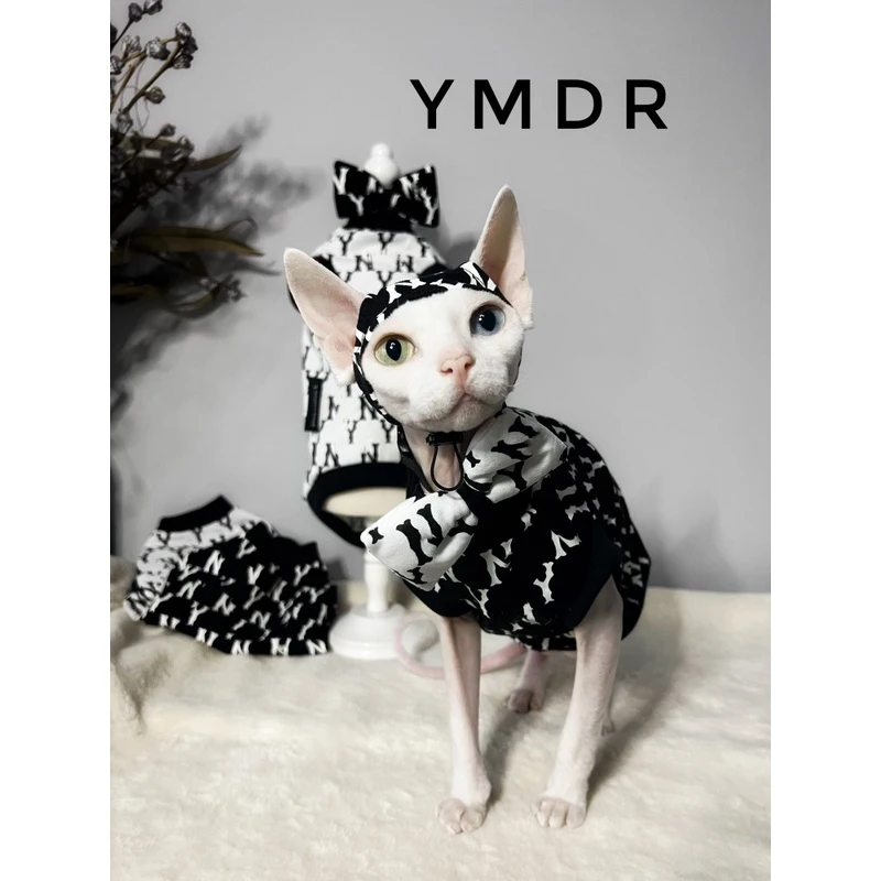 YMDR斯芬克斯无毛猫德文卷毛猫帅气黑白字母纯棉潮背心帽子领结51
