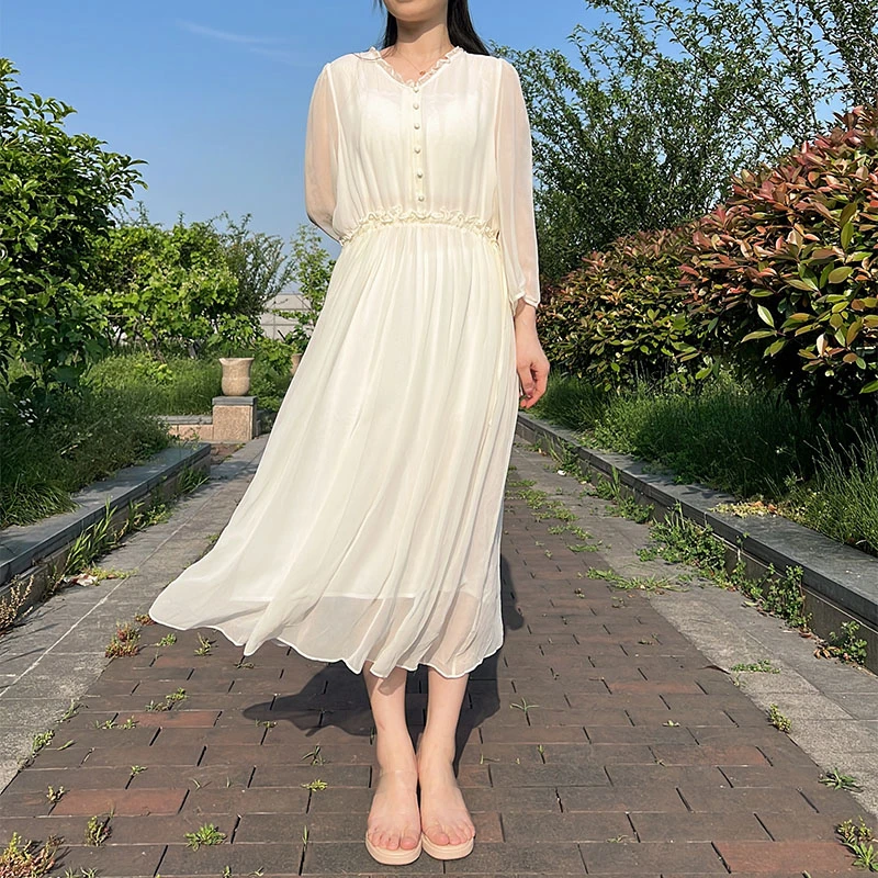 【8210白】100桑蚕丝荷叶领包扣连衣裙桑蚕丝纯色气质感连衣裙