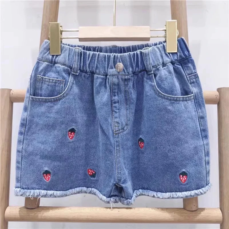 实物偏深色柔软有弹力好穿夏女童草莓牛仔裤短裤 中大童