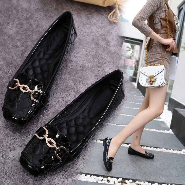 羊皮豆豆鞋女百搭2025年春夏新款平底漆皮浅口乐福鞋方头单鞋女鞋