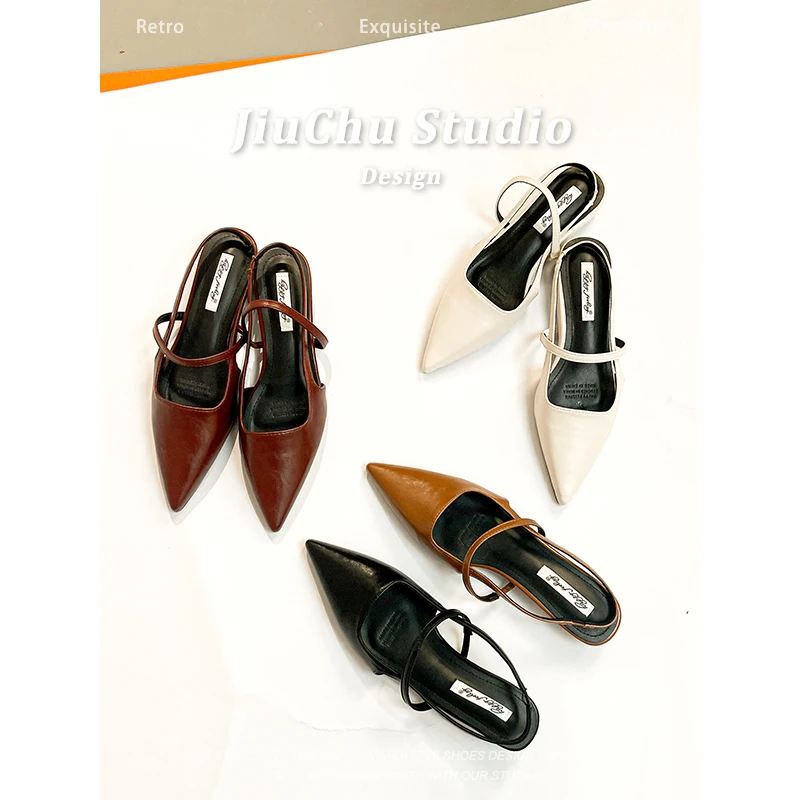尖头包头凉鞋女夏外穿2024新款复古通勤时尚低跟百搭平底女鞋